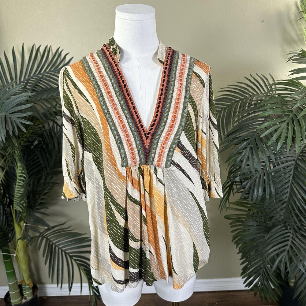 BL^NK London Smock Top Embroidery 1/2 sleeve with ruffle 70s hippie
